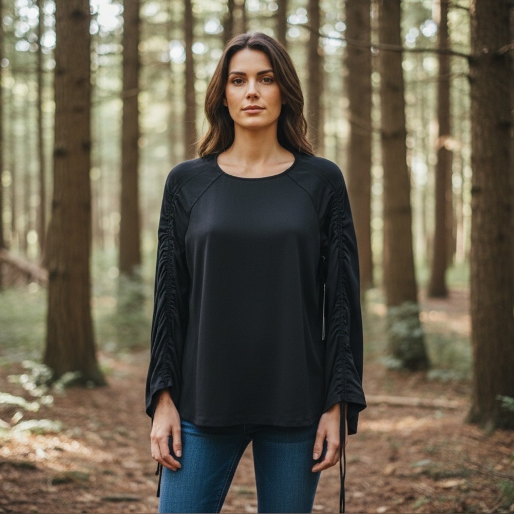 Worthington Women’s Tie-ruched Reglan sleeve Jersey Blouse, Black, Sz. XS